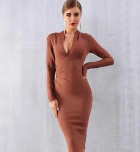 Deep V Long Sleeve Bodycon Dress For Women