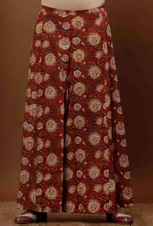 Rust Red Kalamkari Cotton Flared Pants