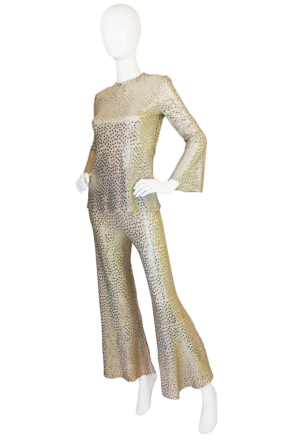 1960s Mollie Parnis Silk & Sequin Gold Flared Pant Set