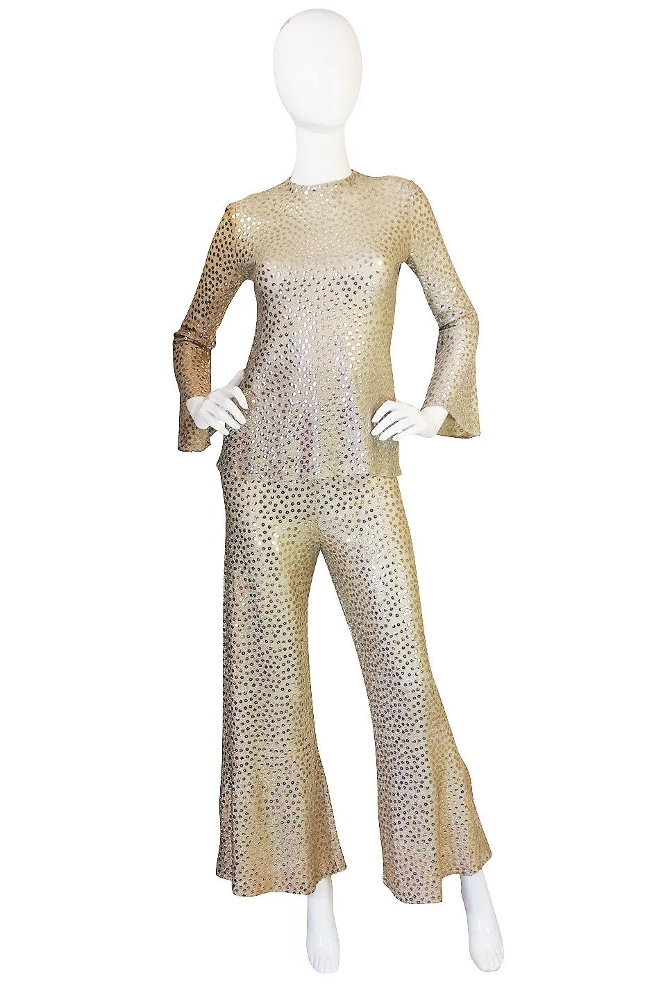 1960s Mollie Parnis Silk & Sequin Gold Flared Pant Set