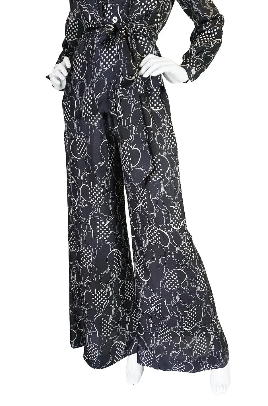 1970s Holly Harp Black & White Print Flared Black Pantsuit