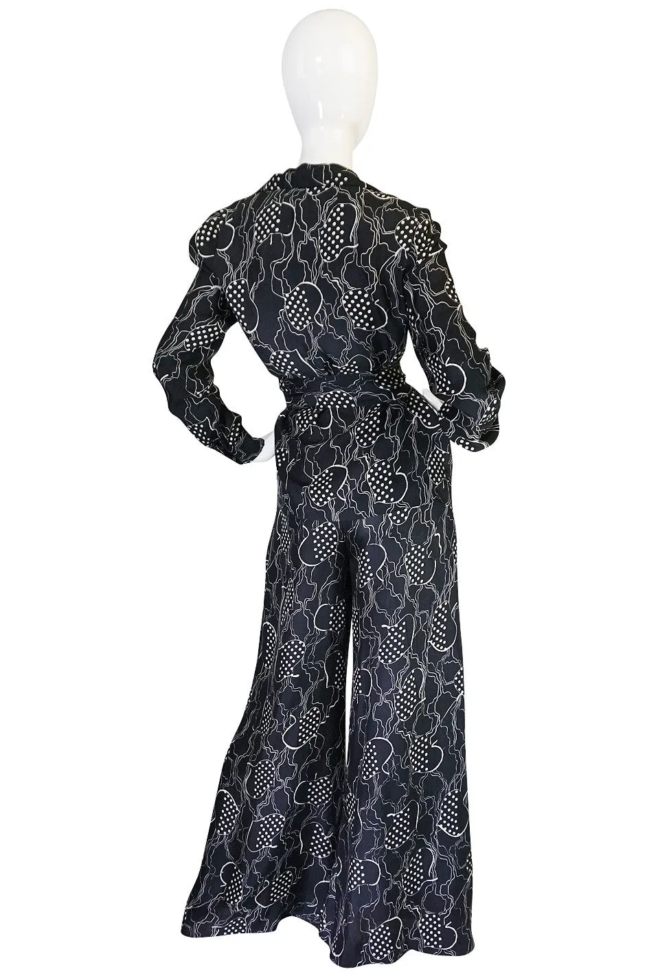 1970s Holly Harp Black & White Print Flared Black Pantsuit