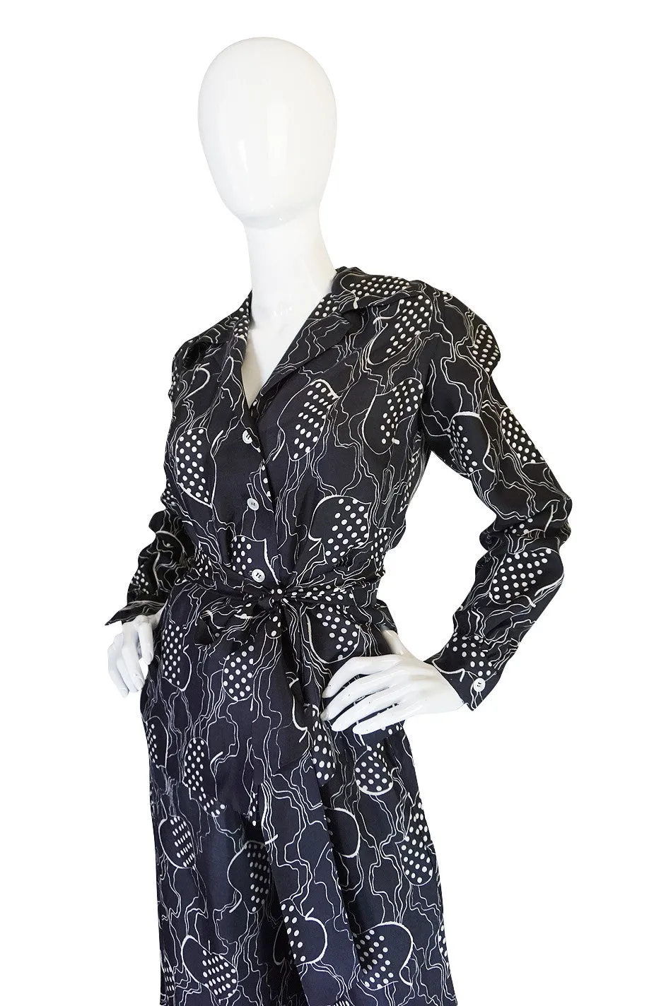 1970s Holly Harp Black & White Print Flared Black Pantsuit