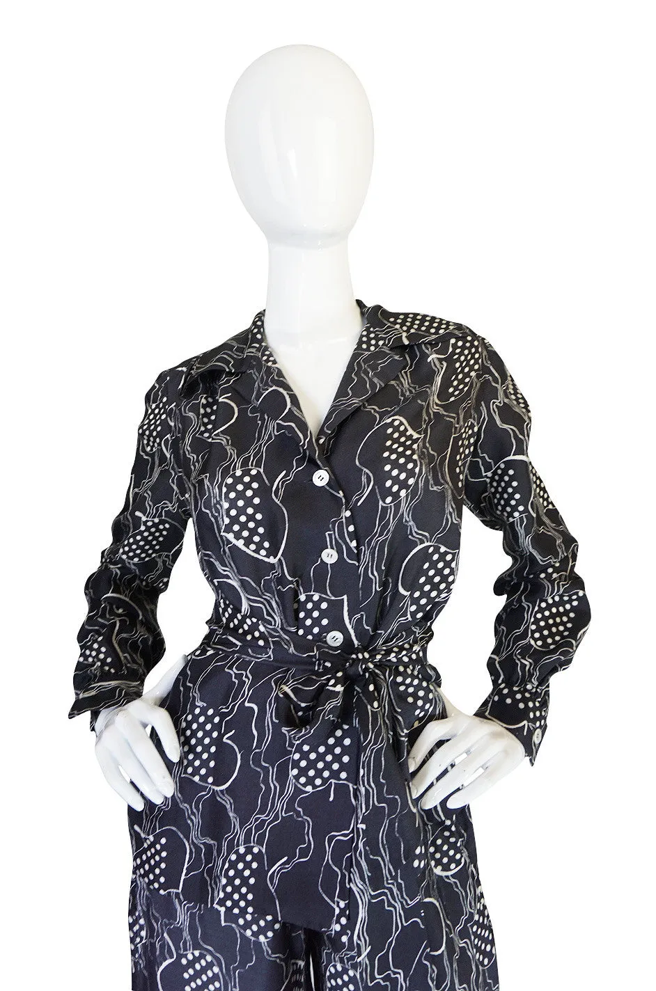 1970s Holly Harp Black & White Print Flared Black Pantsuit