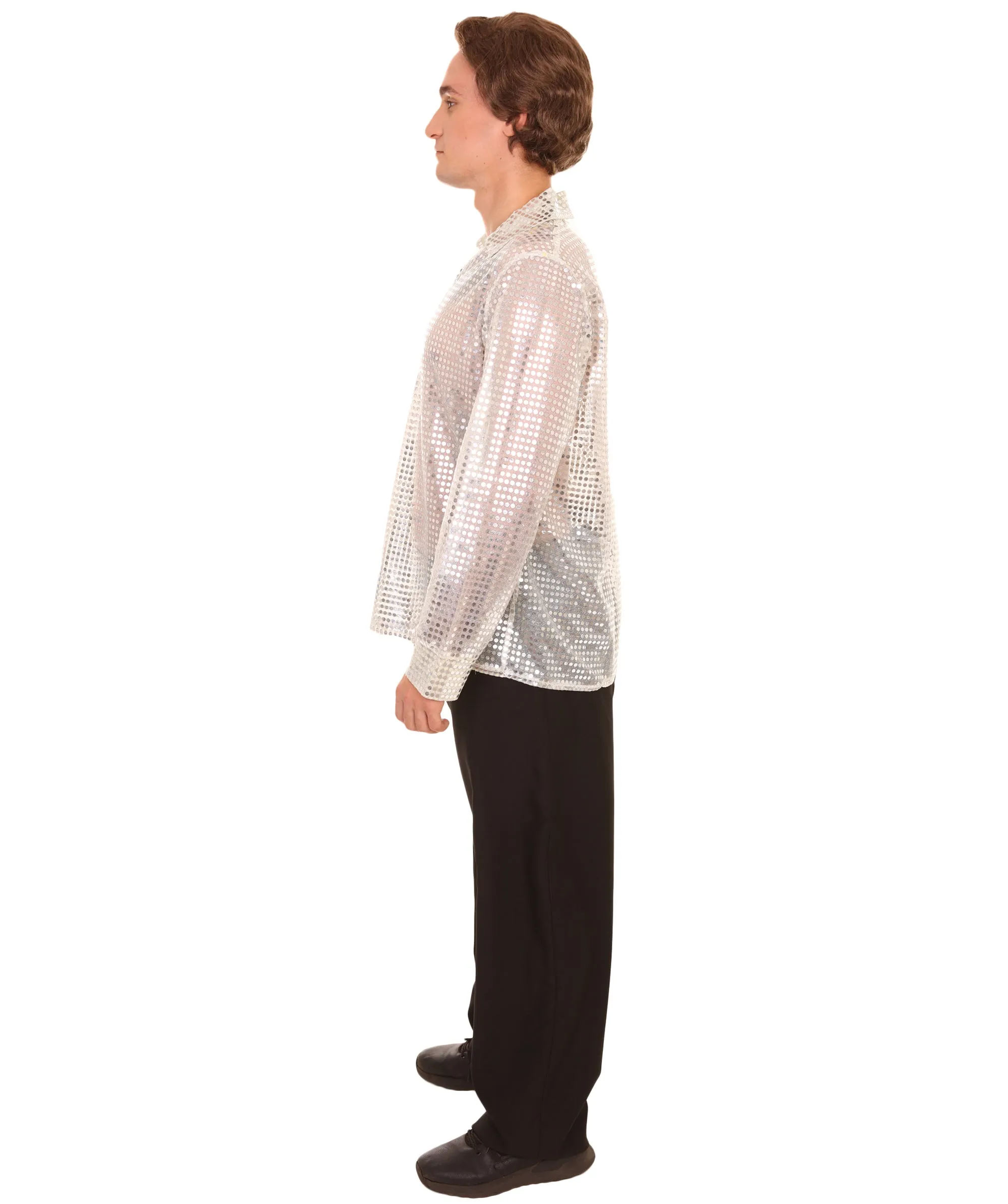 Adult Men's 70's Disco Sequin Shirt Costume | White Vintage Cosplay Costume