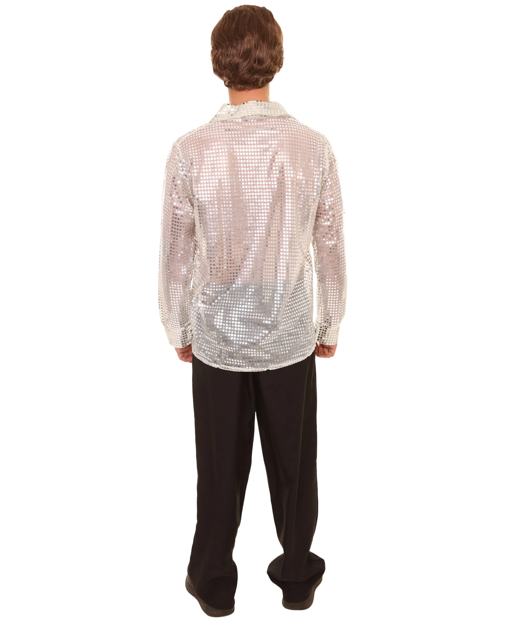 Adult Men's 70's Disco Sequin Shirt Costume | White Vintage Cosplay Costume