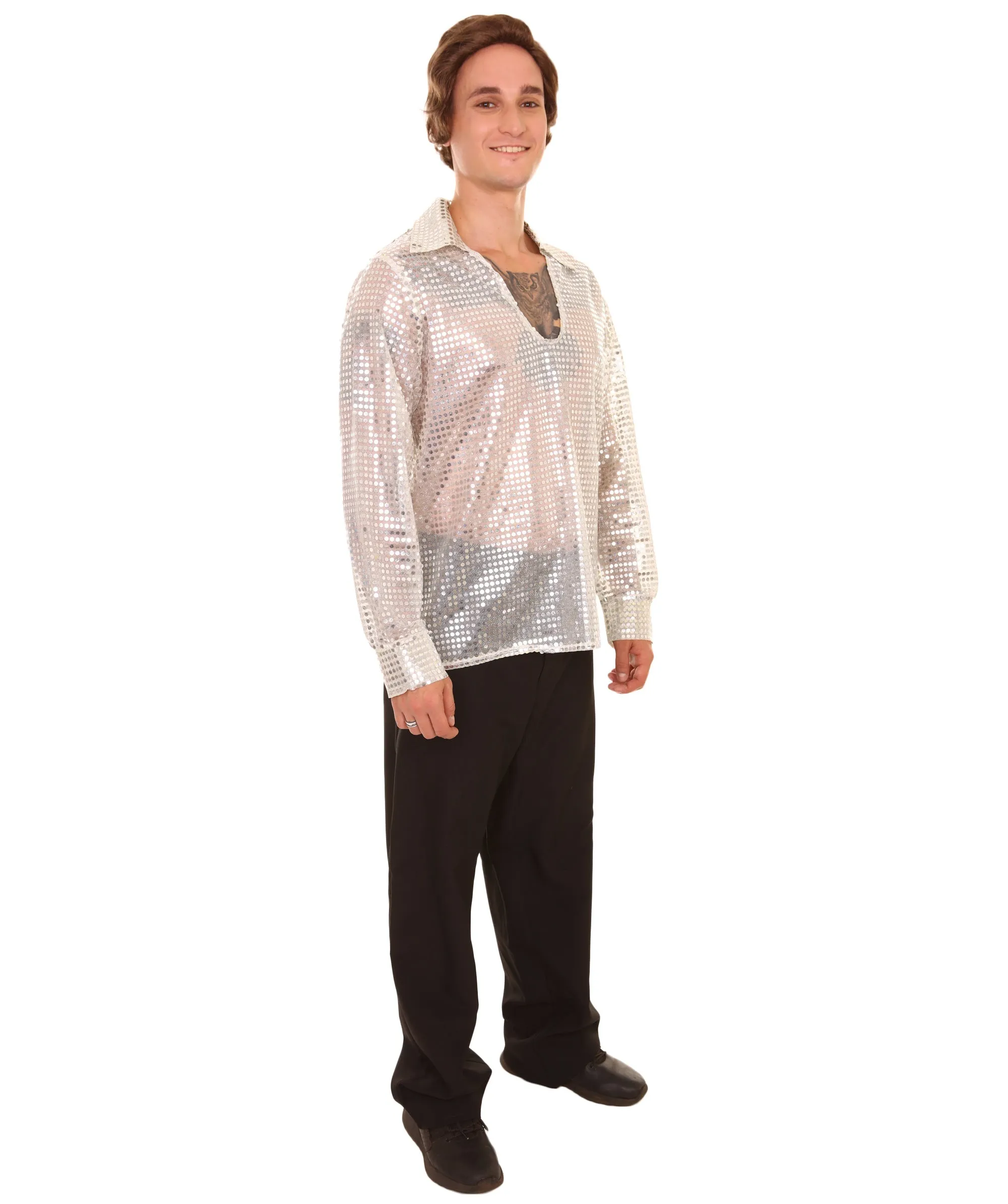 Adult Men's 70's Disco Sequin Shirt Costume | White Vintage Cosplay Costume