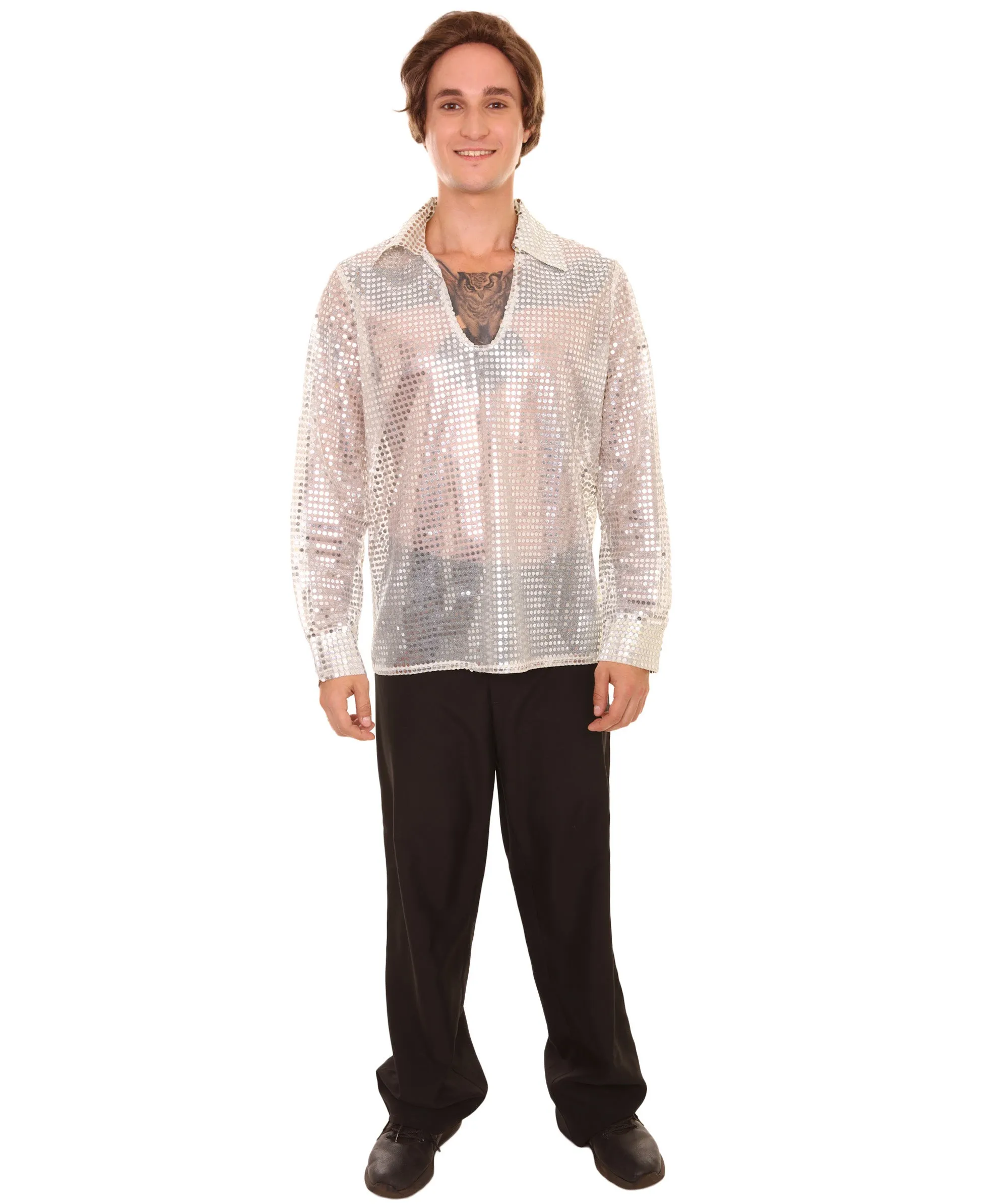 Adult Men's 70's Disco Sequin Shirt Costume | White Vintage Cosplay Costume