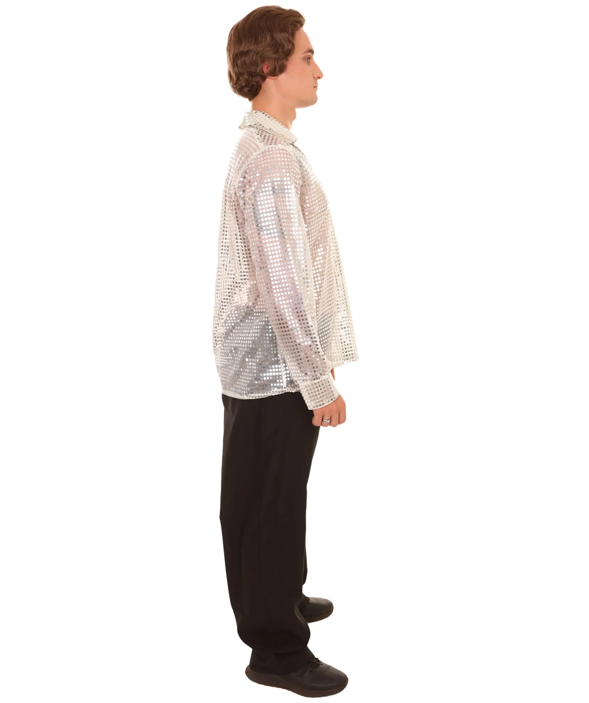 Adult Men's 70's Disco Sequin Shirt Costume | White Vintage Cosplay Costume