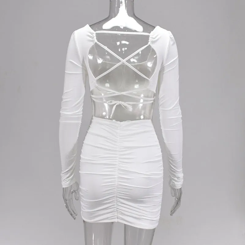 Backless Sexy White Long Sleeve Square Collar Bodycon Lacing Party Dress Summer Club Mini Dress