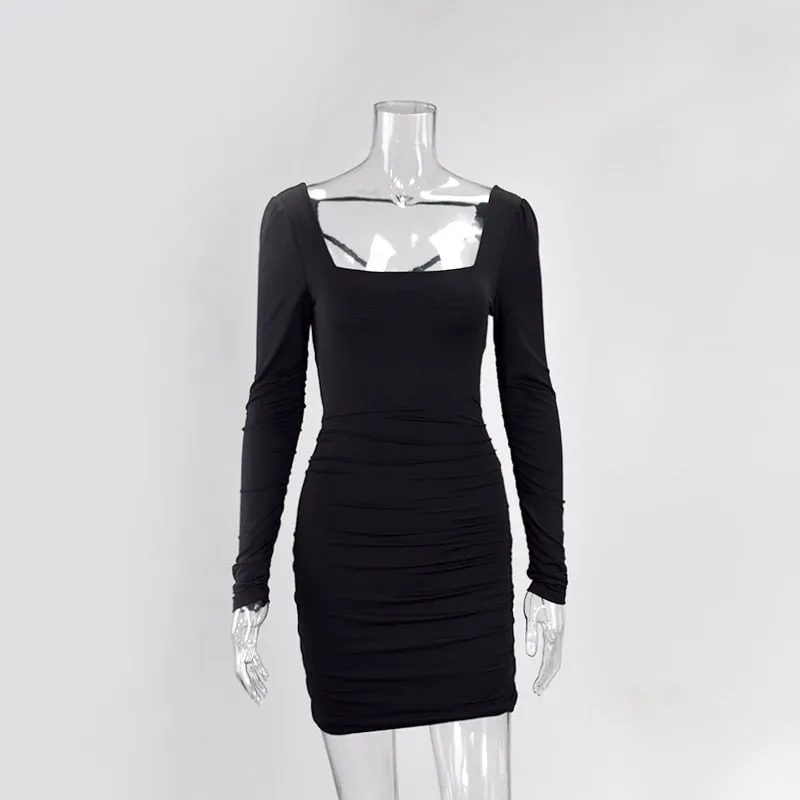 Backless Sexy White Long Sleeve Square Collar Bodycon Lacing Party Dress Summer Club Mini Dress