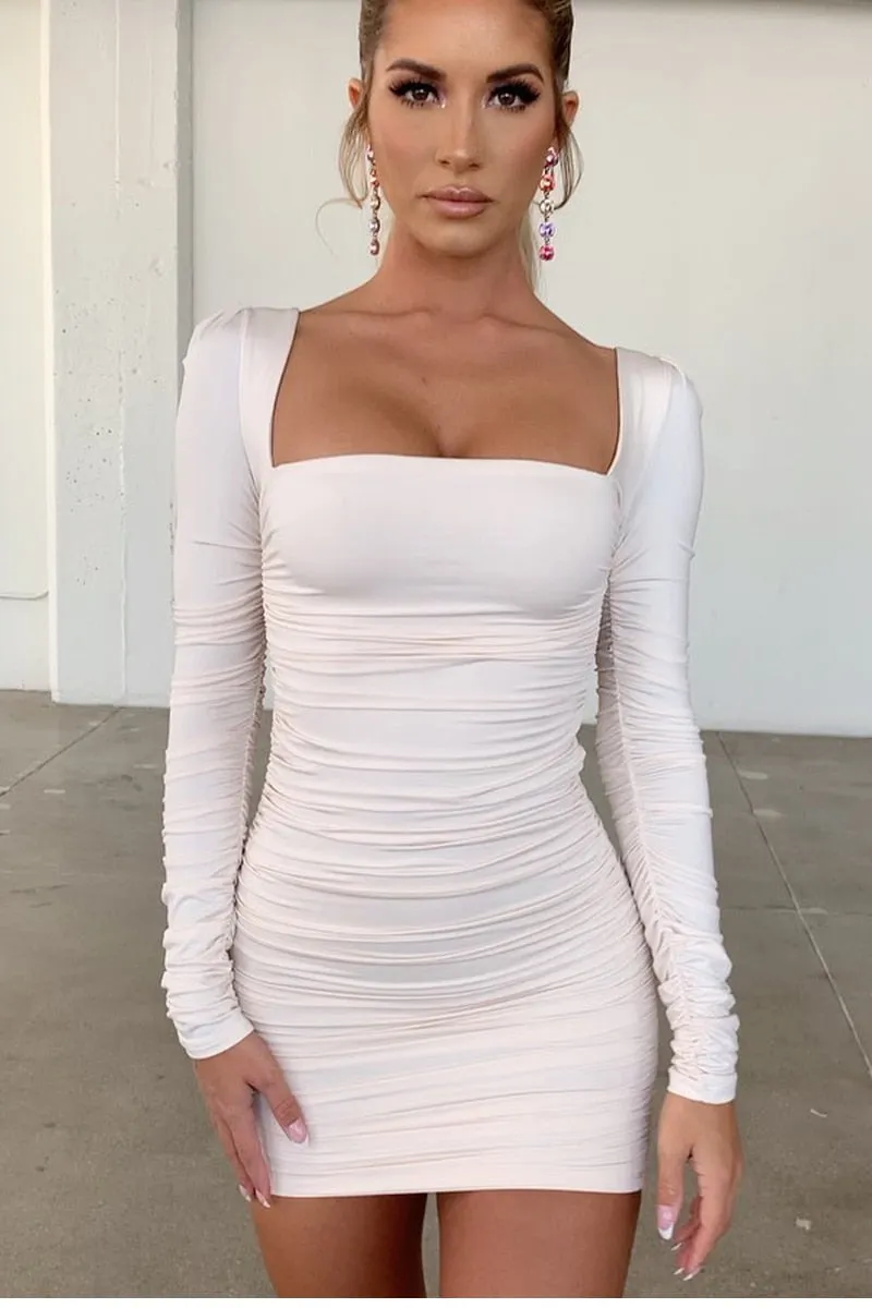 Backless Sexy White Long Sleeve Square Collar Bodycon Lacing Party Dress Summer Club Mini Dress