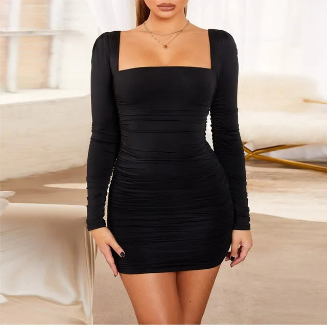 Backless Sexy White Long Sleeve Square Collar Bodycon Lacing Party Dress Summer Club Mini Dress