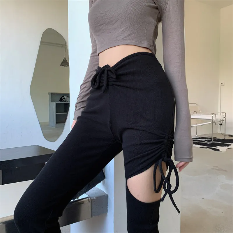 Beige Black Thigh Hole Slim Thin Flared Pants