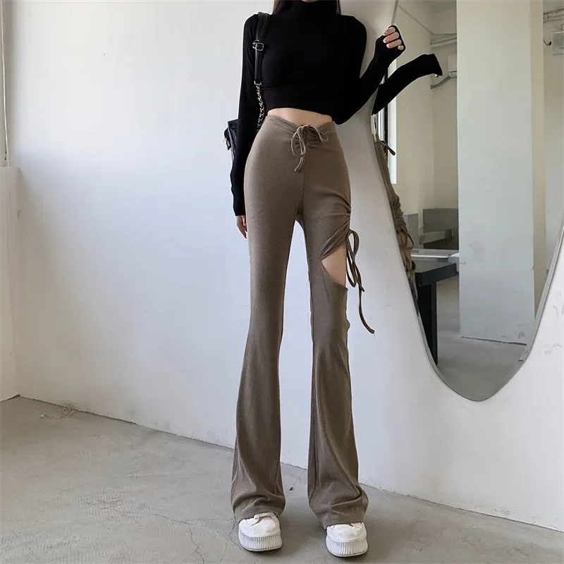 Beige Black Thigh Hole Slim Thin Flared Pants