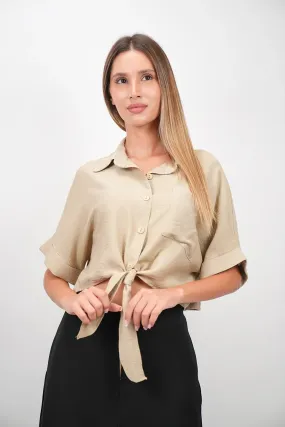 Beige Crop Shirt With Tie Waist