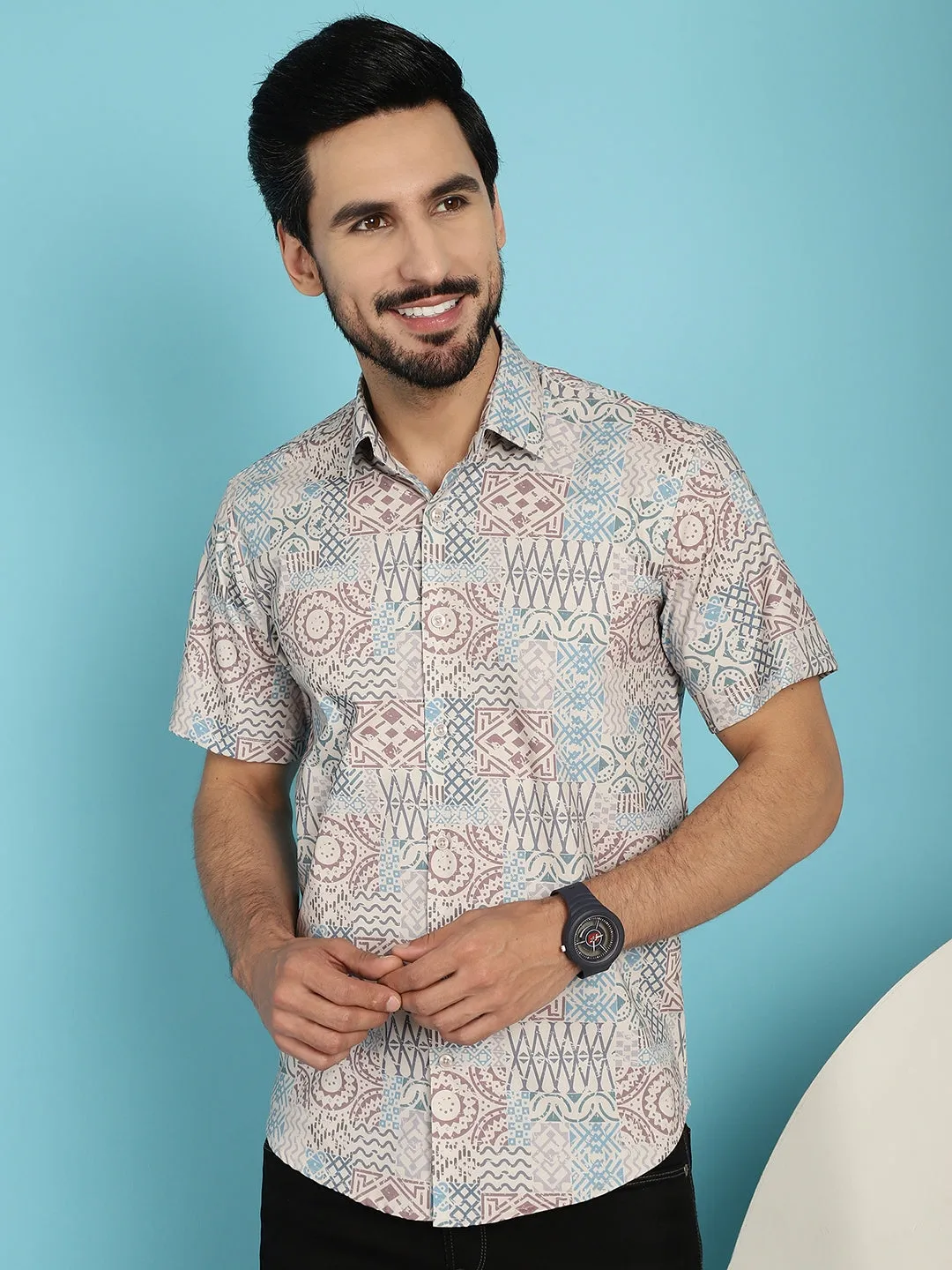 Beige Printed Casual Shirt