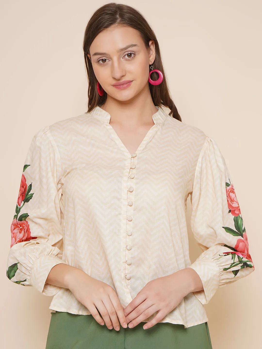 Beige Printed Shirt Style Top