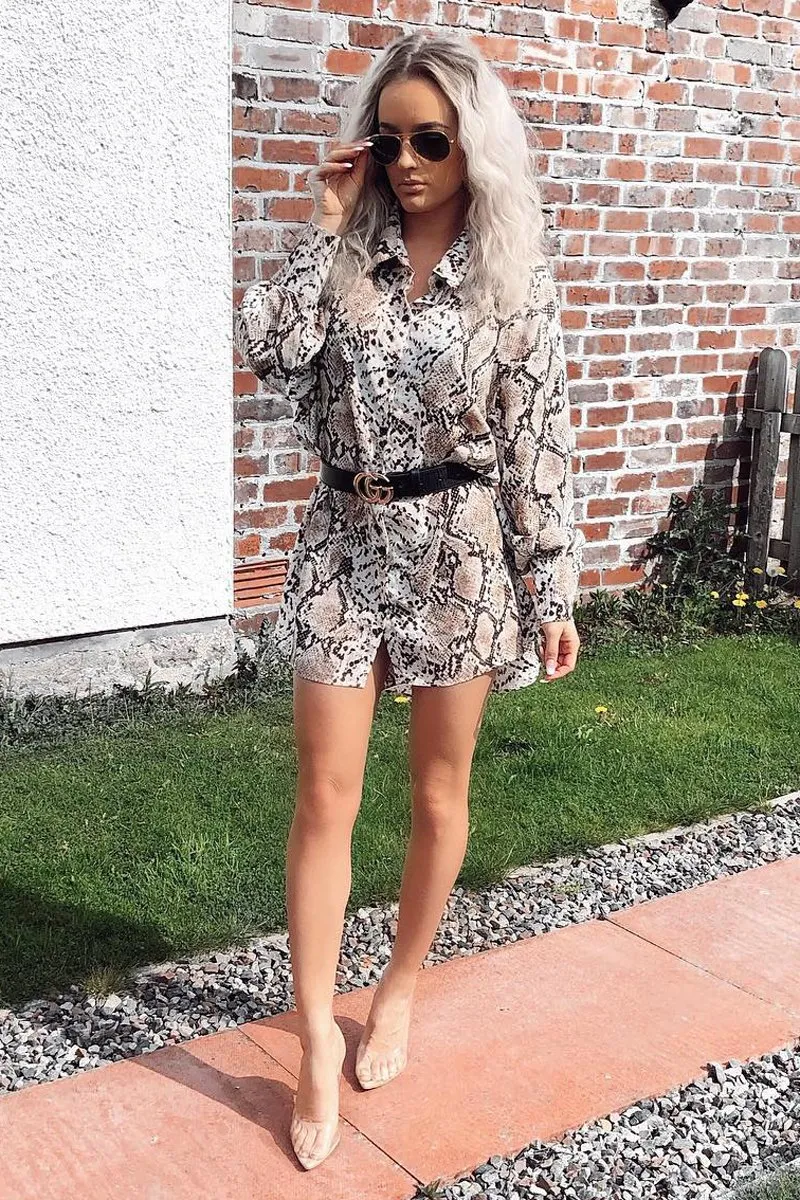 Beige Snake Print Shirt Dress - Haigen