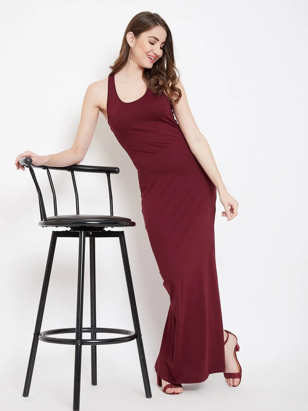 Berrylush Women Solid Maroon Round Neck Racerback Thigh-High Slit Bodycon Maxi Dress