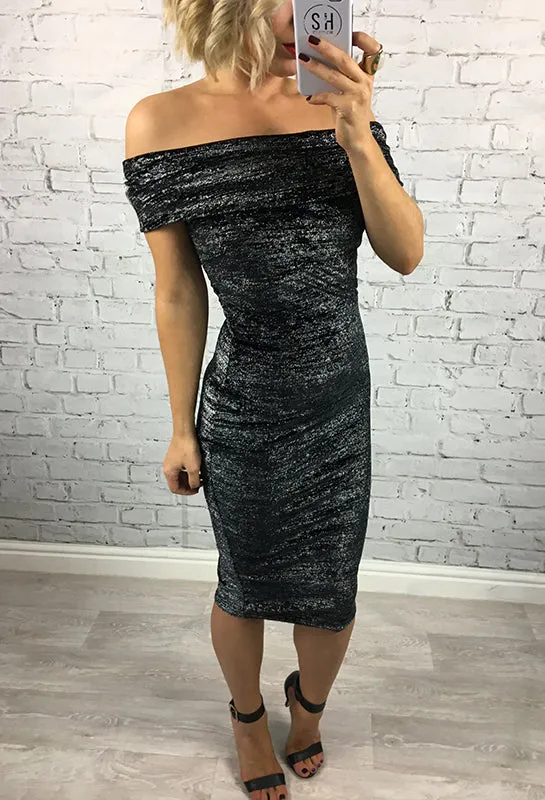 Black Glitter Off The Shoulder Evelyn Midi Dress