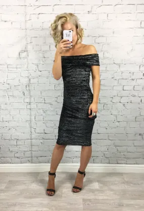 Black Glitter Off The Shoulder Evelyn Midi Dress