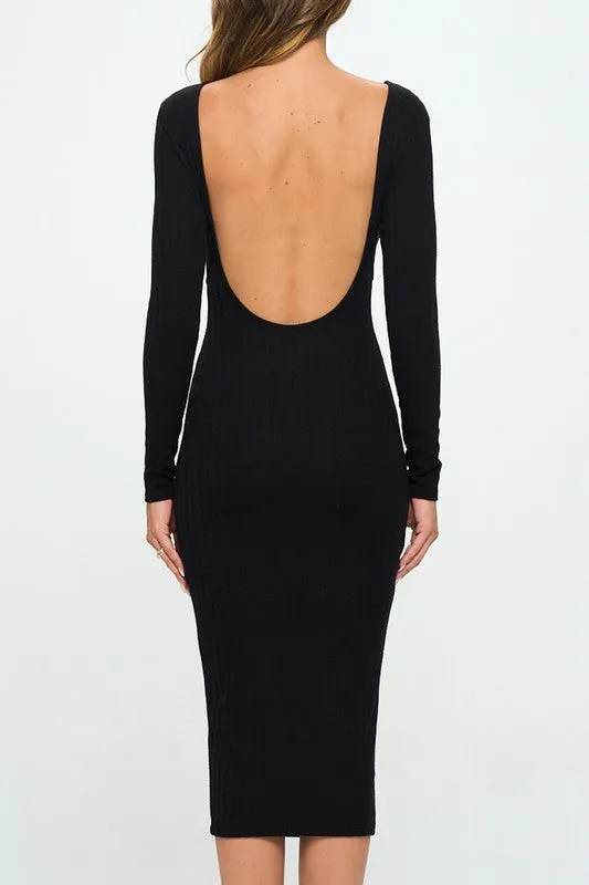 Black Ribbed Back Cutout Long Sleeve Midi Dress