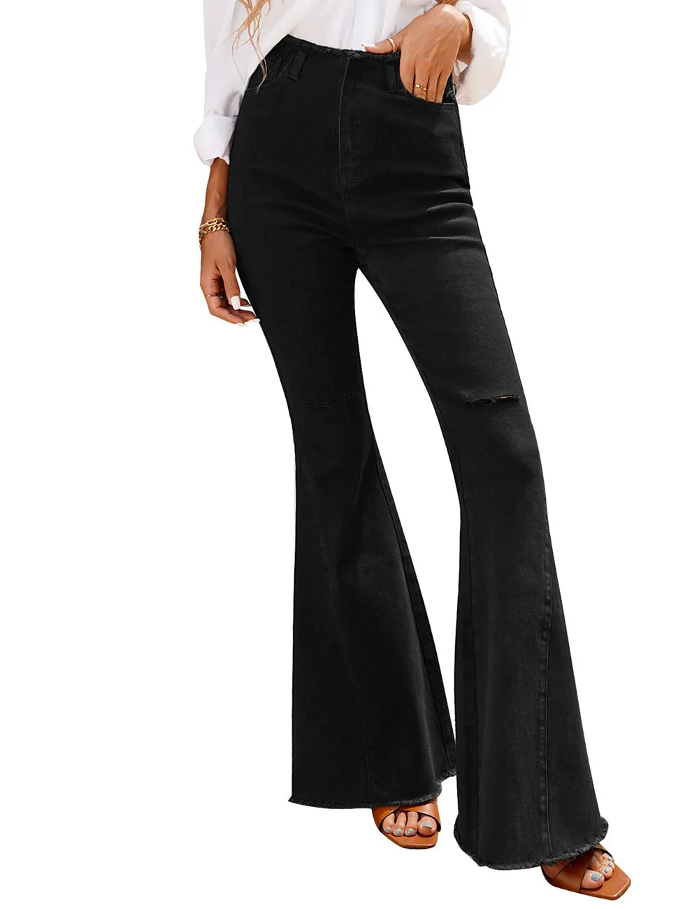 Black Slit Knee High-Waist Frayed Hem Flared Denim Jeans