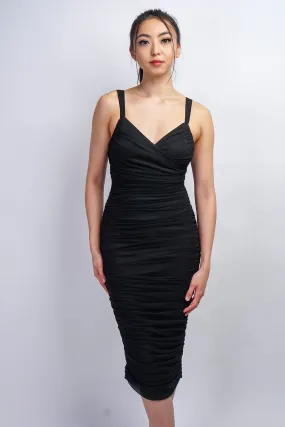 Black Surplice Mesh Bodycon Midi Dress