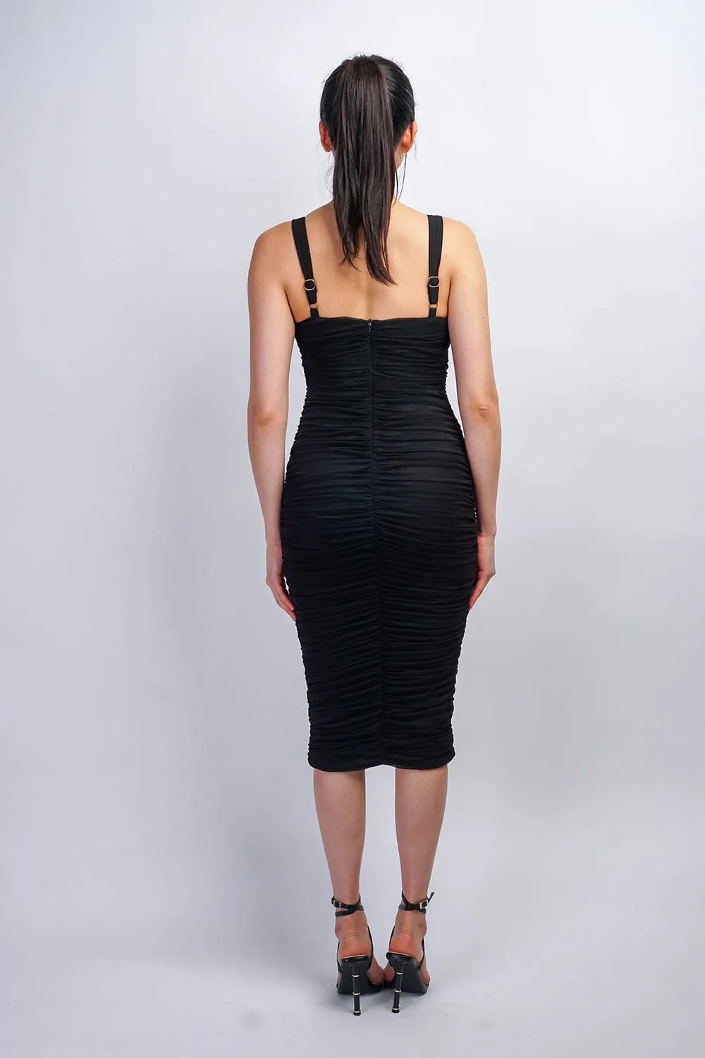 Black Surplice Mesh Bodycon Midi Dress