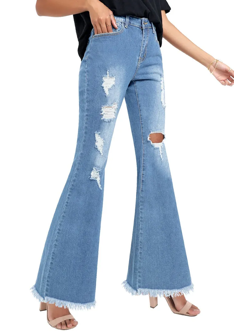 Blue Ripped Mid-Waist Flared Denim Jeans