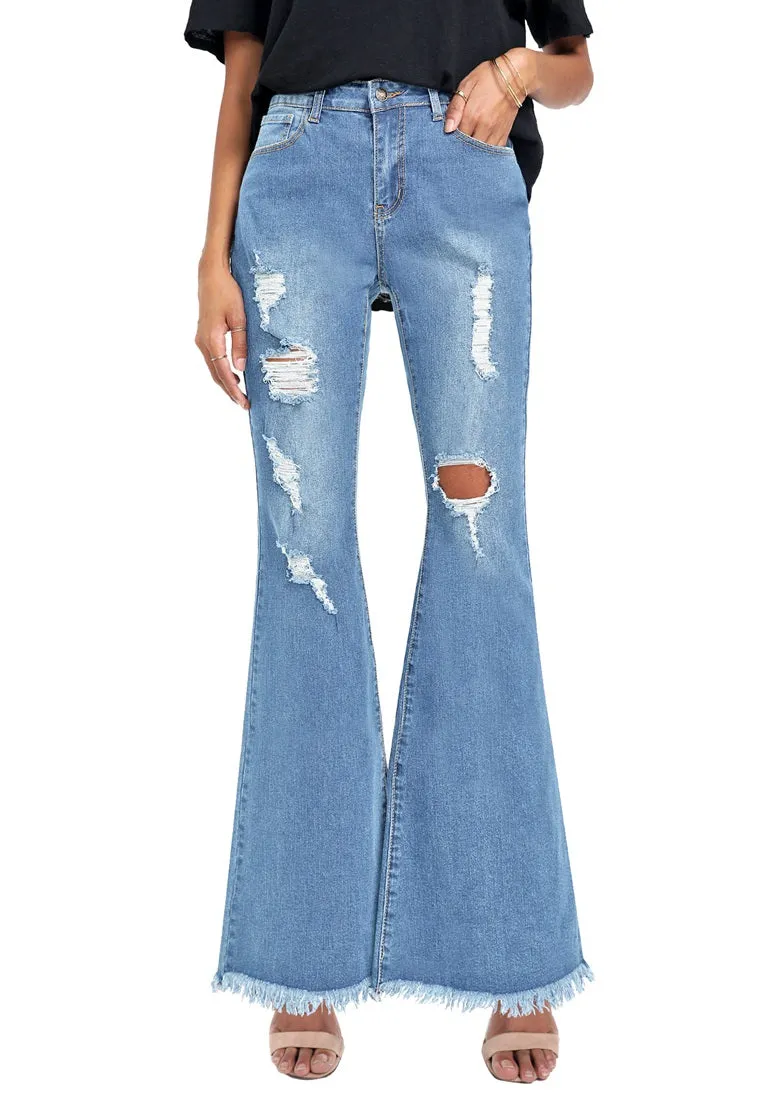 Blue Ripped Mid-Waist Flared Denim Jeans