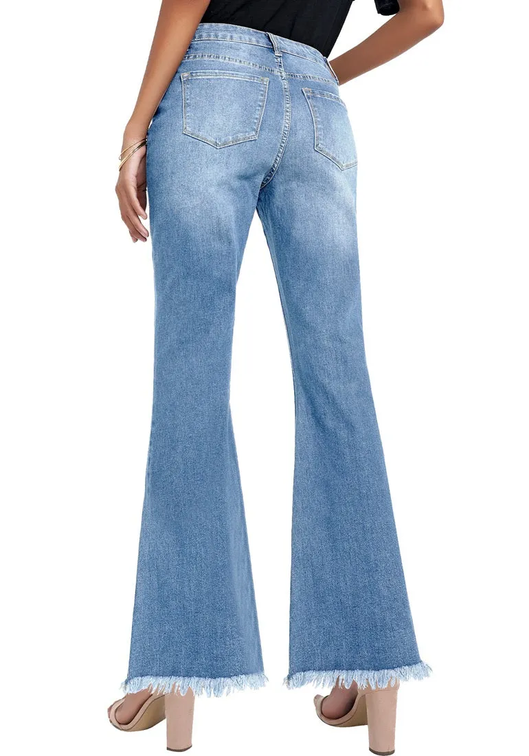 Blue Ripped Mid-Waist Flared Denim Jeans