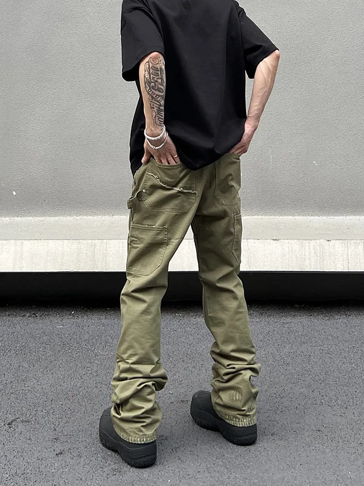 Bonsir 90s fashion men American Vibe Style Army Green Logging Overalls Ins Straight Micro Flared Trousers Cleanfit Pants