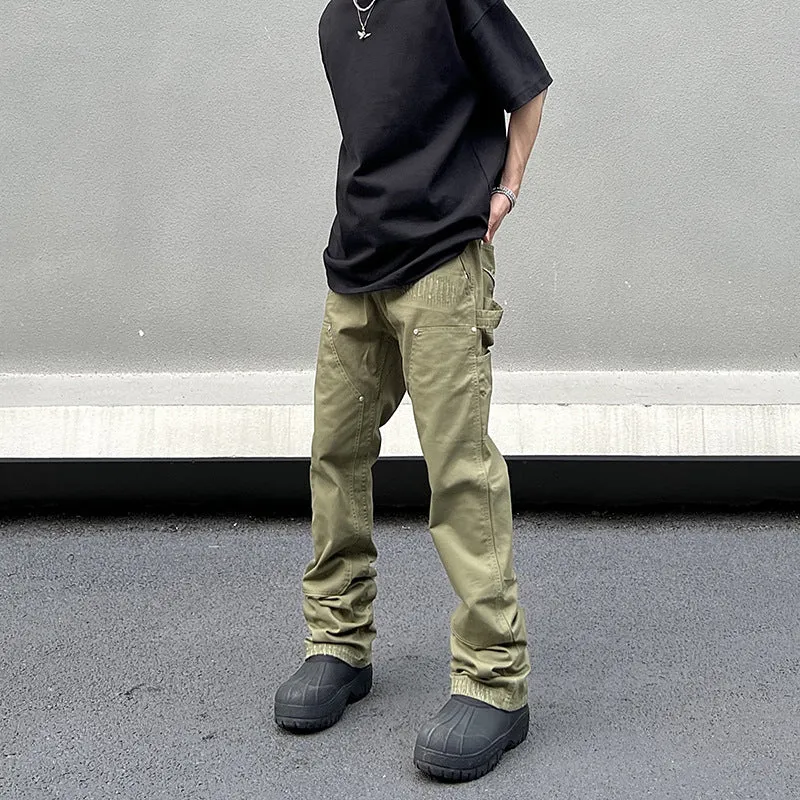 Bonsir 90s fashion men American Vibe Style Army Green Logging Overalls Ins Straight Micro Flared Trousers Cleanfit Pants