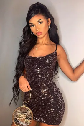 Bronze Disco Sequin Cowl Neck Mini Bodycon Dress - Jisela