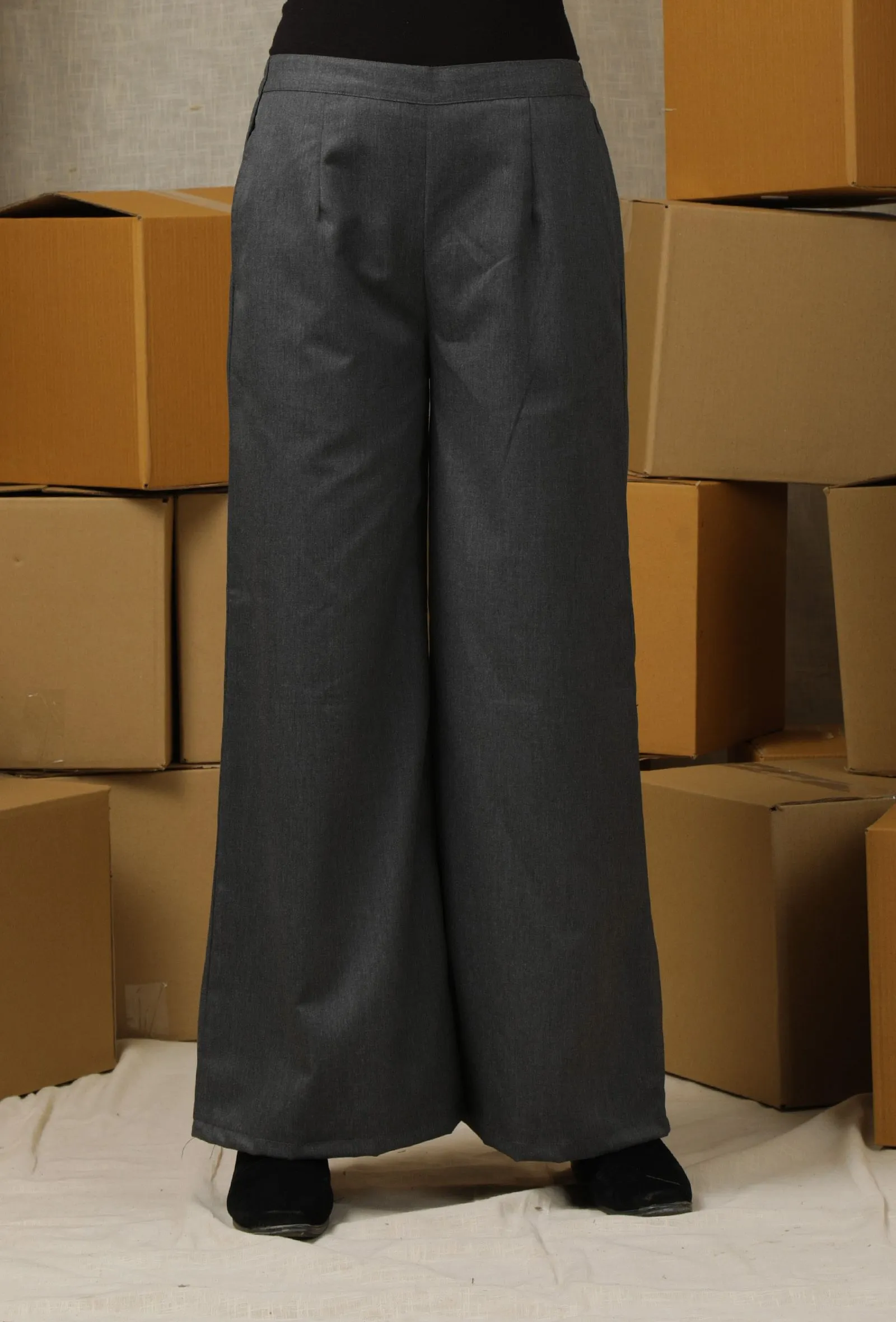 Charcoal Grey Solid Linen Wide Leg Formal Pants With Pockets