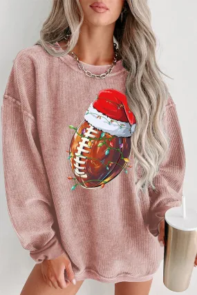 Christmas Baseball Cap Santa Ribbed Crew Neck Pullover Sweatshirt