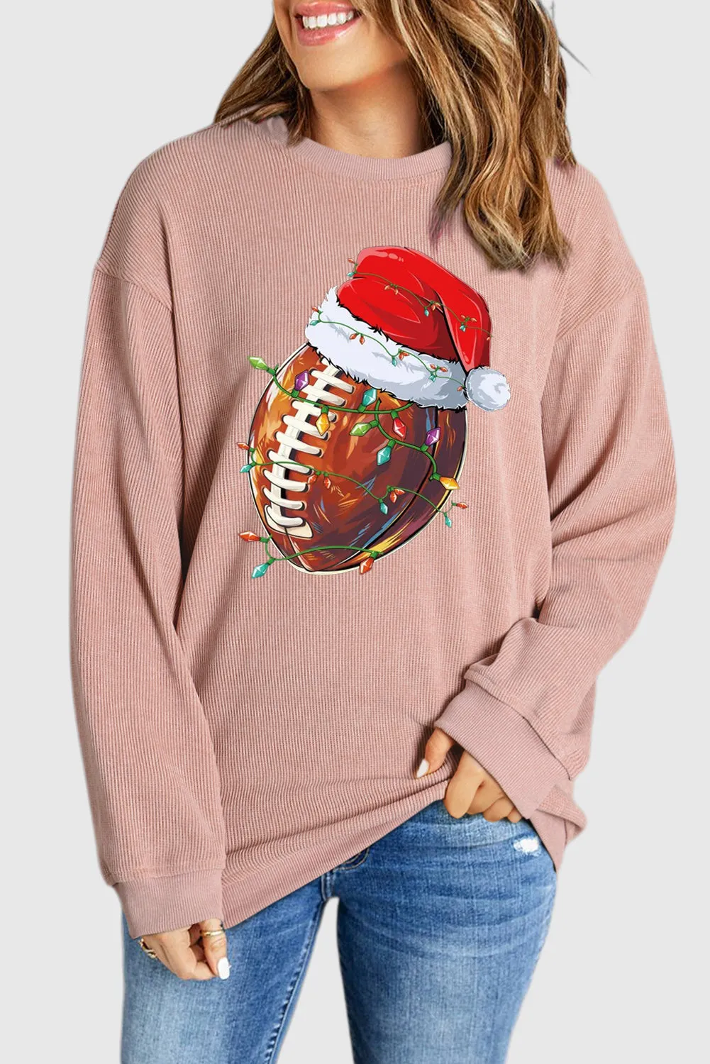 Christmas Baseball Cap Santa Ribbed Crew Neck Pullover Sweatshirt