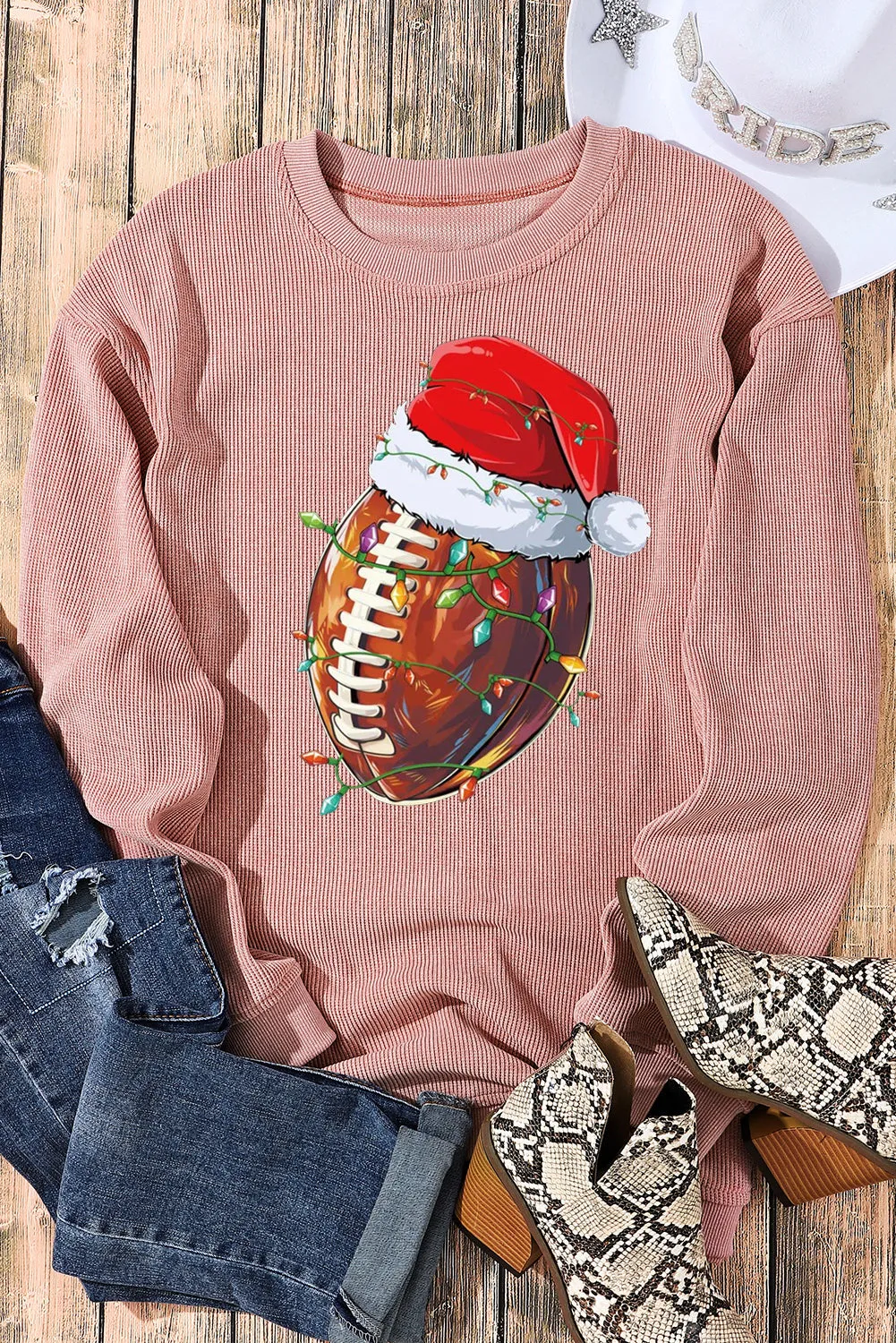 Christmas Baseball Cap Santa Ribbed Crew Neck Pullover Sweatshirt