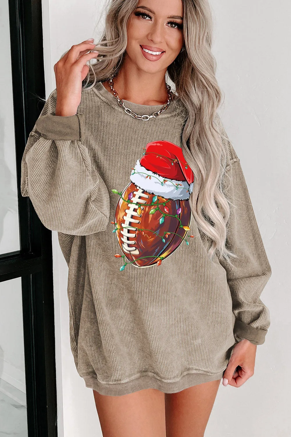 Christmas Baseball Cap Santa Ribbed Crew Neck Pullover Sweatshirt