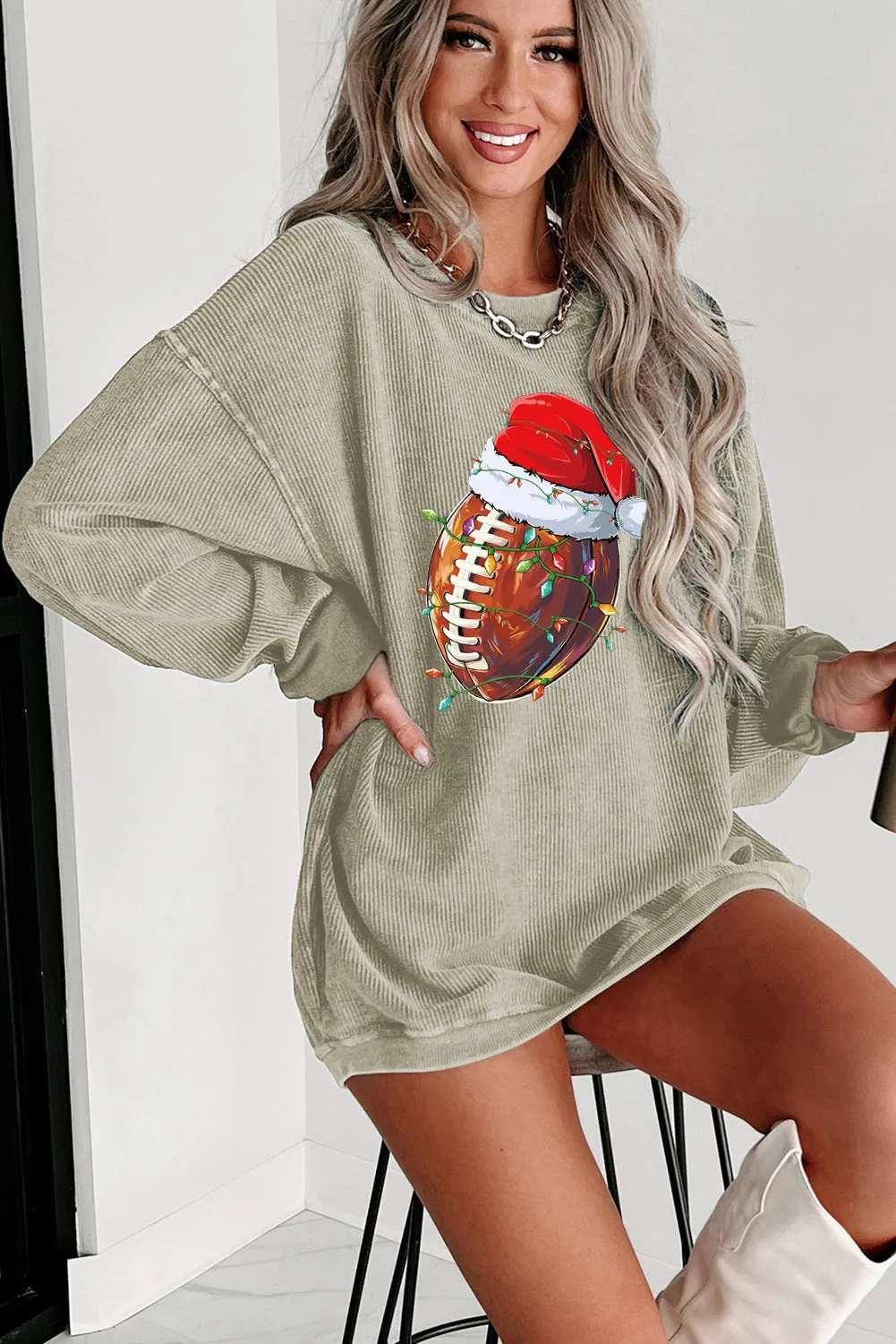 Christmas Baseball Cap Santa Ribbed Crew Neck Pullover Sweatshirt