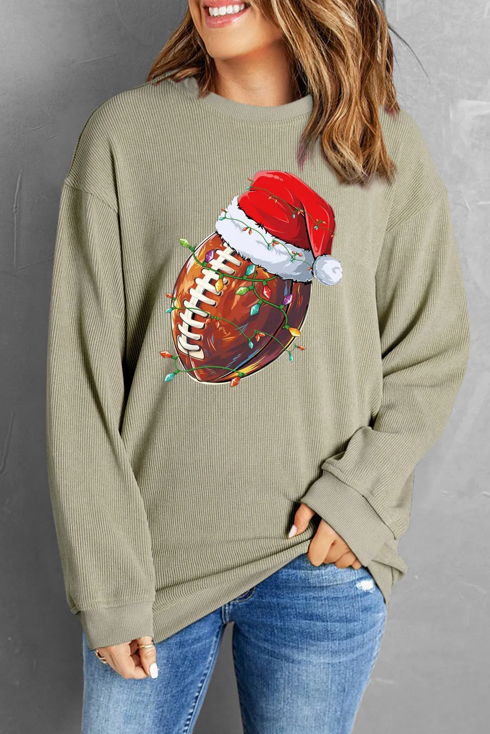 Christmas Baseball Cap Santa Ribbed Crew Neck Pullover Sweatshirt