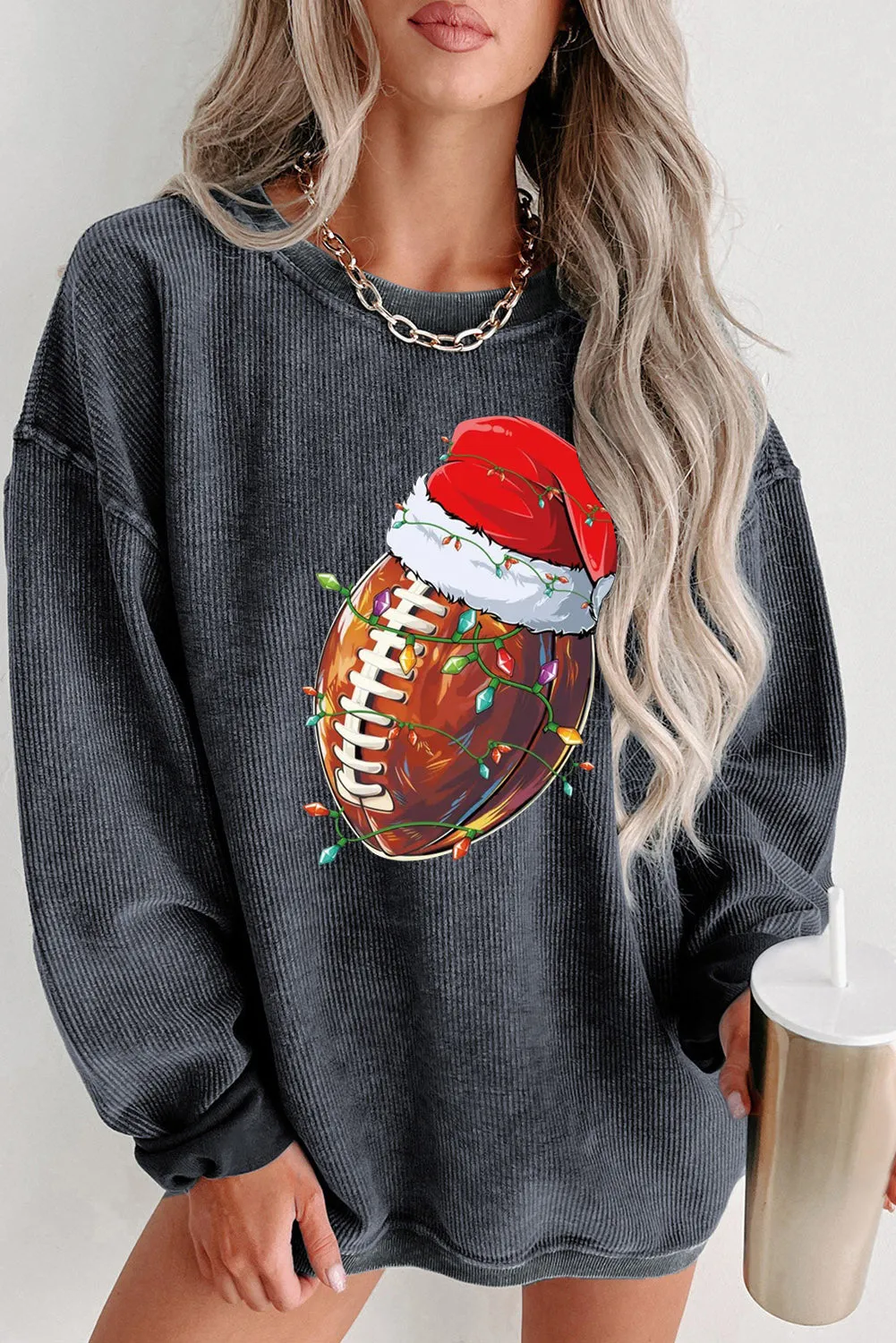 Christmas Baseball Cap Santa Ribbed Crew Neck Pullover Sweatshirt