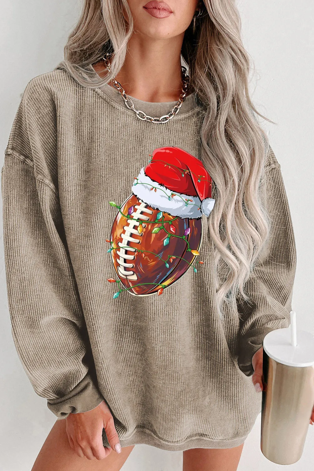 Christmas Baseball Cap Santa Ribbed Crew Neck Pullover Sweatshirt