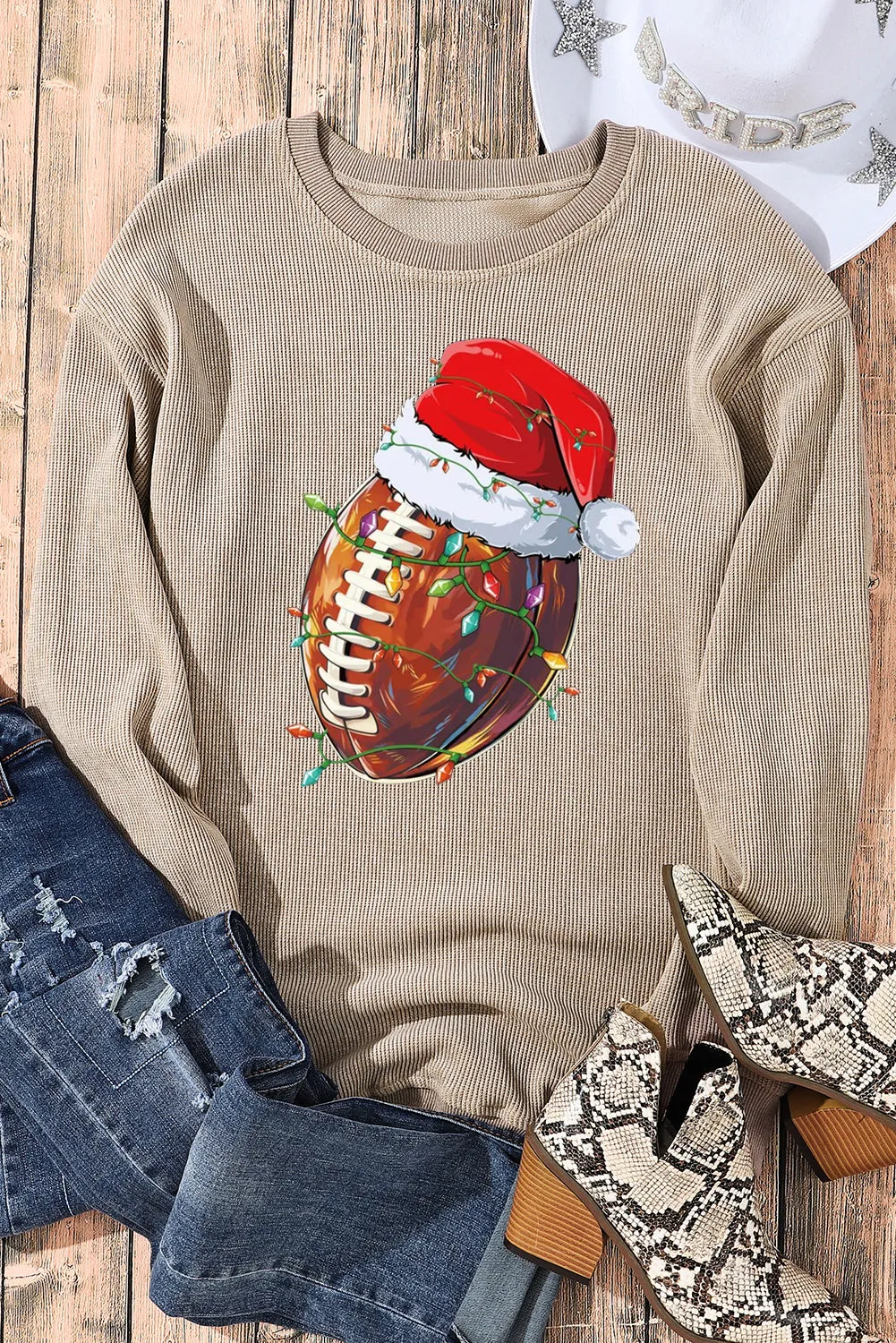 Christmas Baseball Cap Santa Ribbed Crew Neck Pullover Sweatshirt