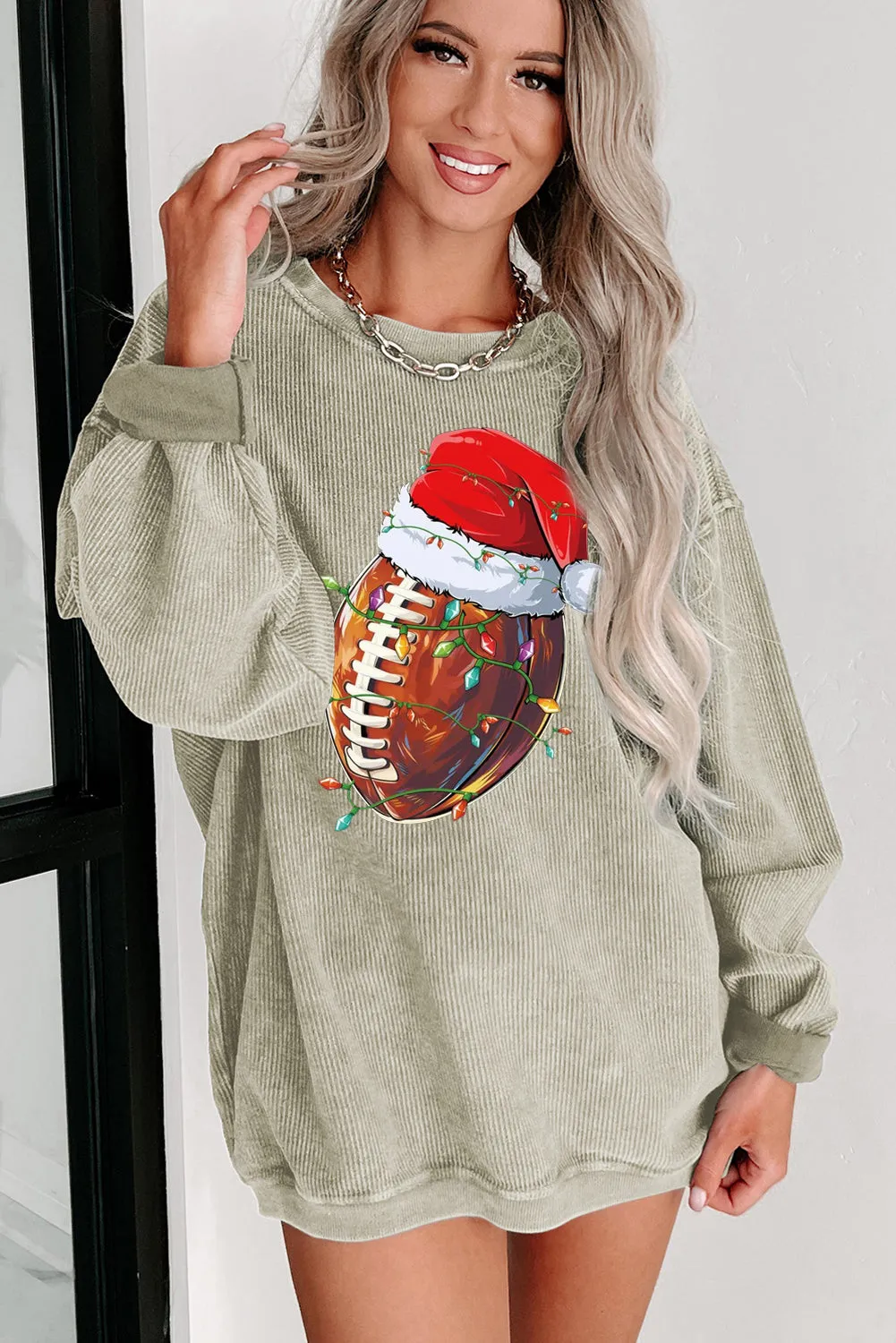 Christmas Baseball Cap Santa Ribbed Crew Neck Pullover Sweatshirt