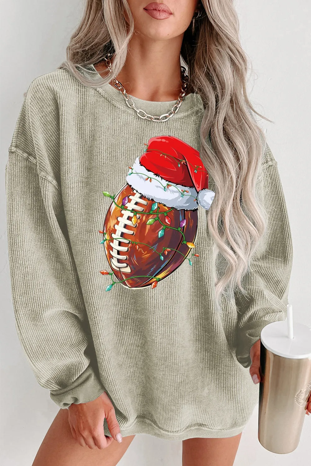 Christmas Baseball Cap Santa Ribbed Crew Neck Pullover Sweatshirt