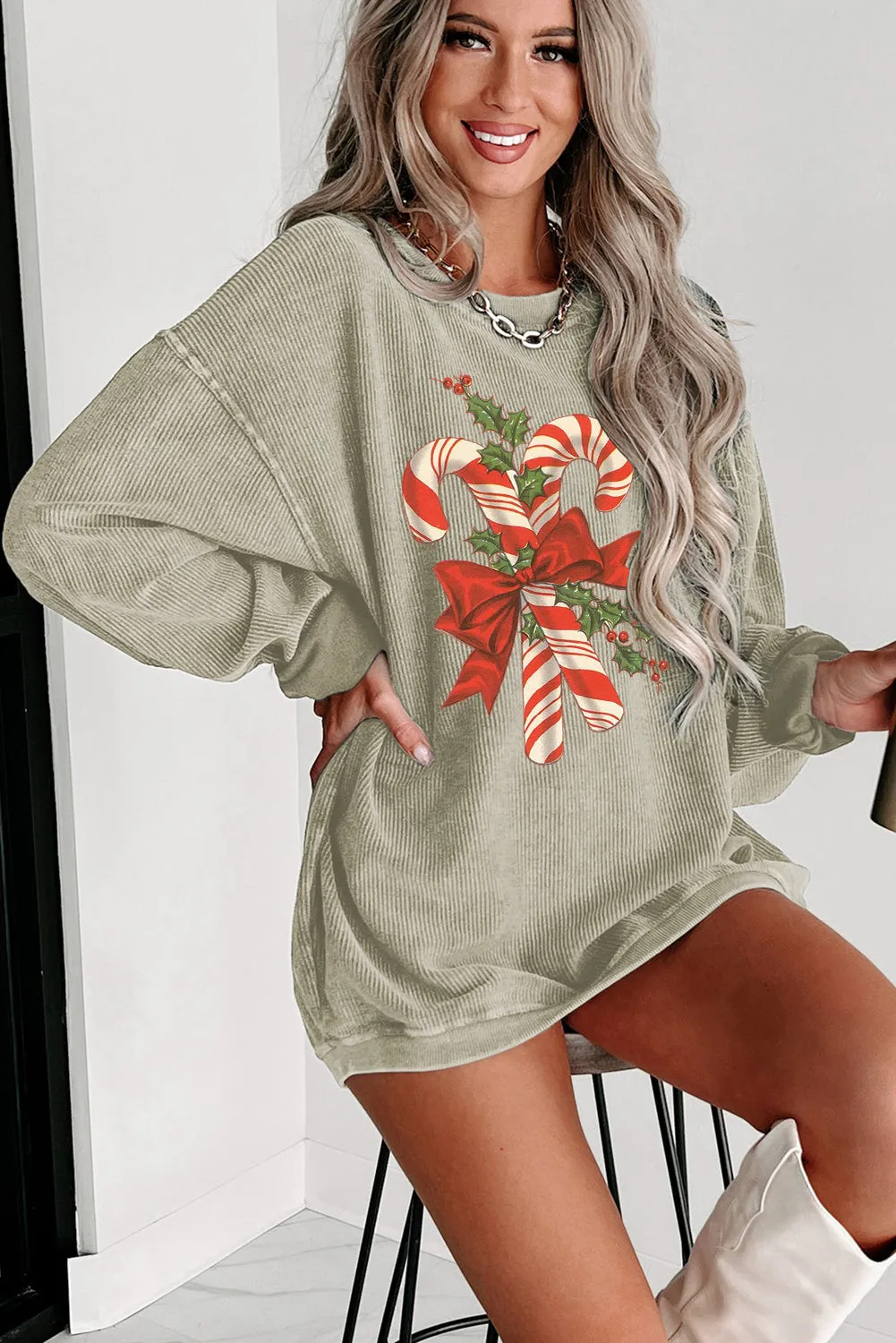 Christmas Bow Cane Ribbed Crew Neck Pullover Sweatshirt