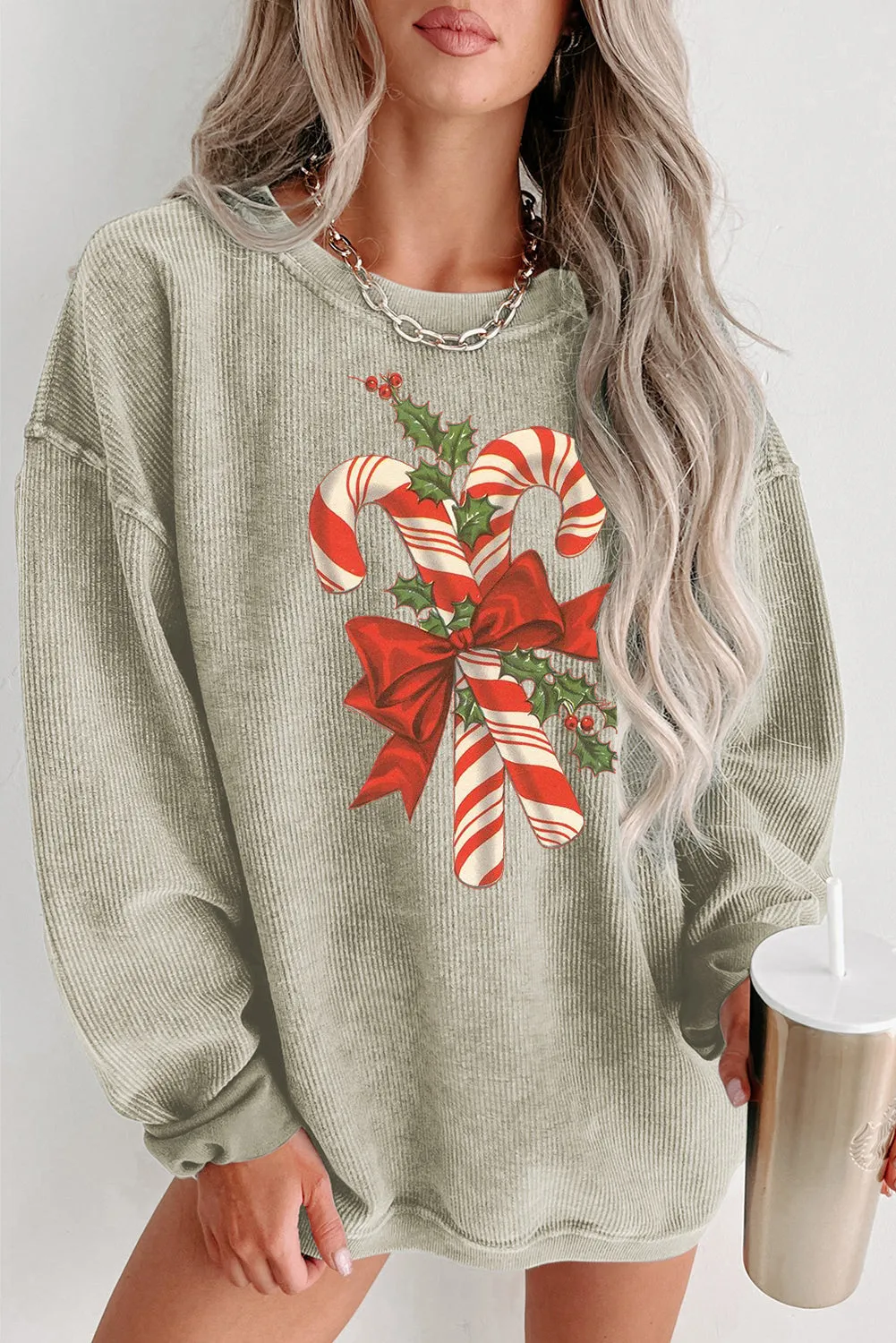 Christmas Bow Cane Ribbed Crew Neck Pullover Sweatshirt